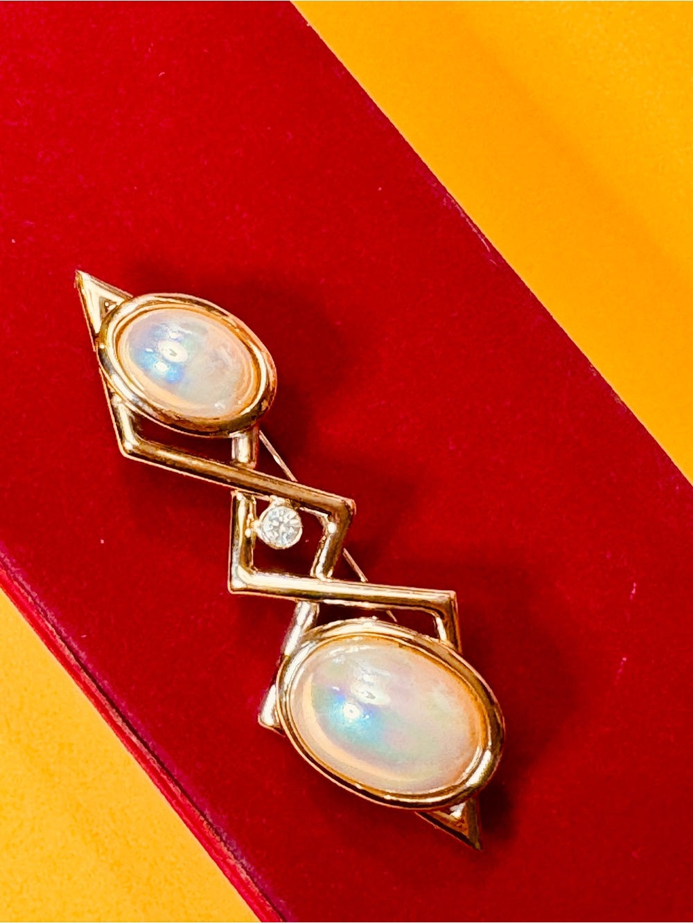 Pierre Cardin Gold-Tone Brooch with Opalescent Cabochons and Clear Crystal - Picture 6 of 15